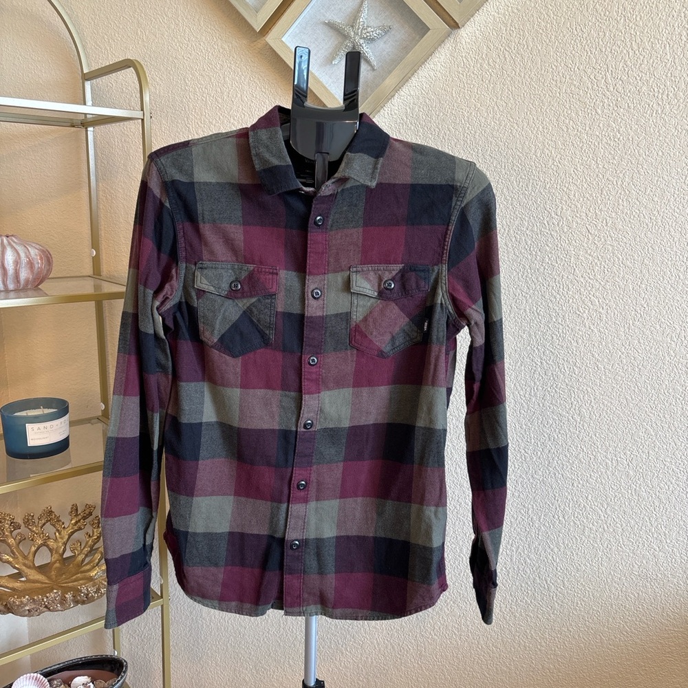 Vans Tailored Fit Flannel Shirt Small Burgundy Olive Plaid 100% Cotton
